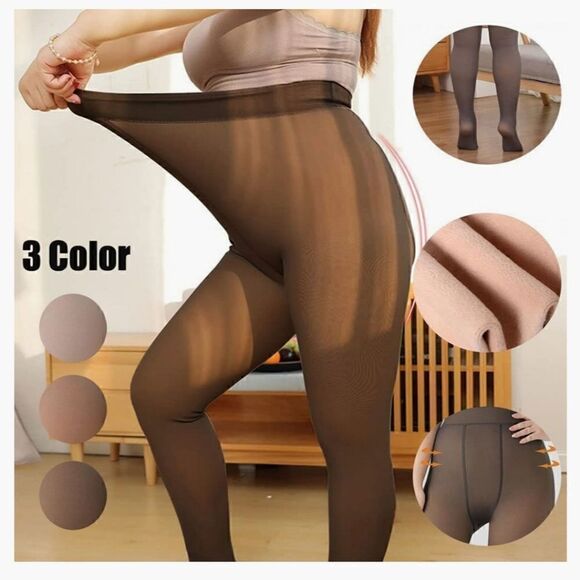 New Fleece Lined Illusion Sheer Nylons Leggings - Picture 4 of 8